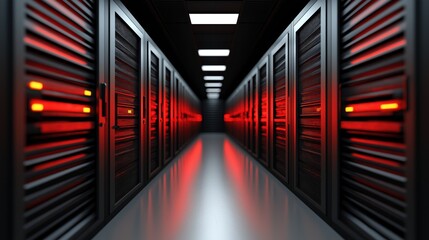 corridor within a data center features rows of server racks highlighted by red lighting. sleek design and modern atmosphere create an advanced technological environment