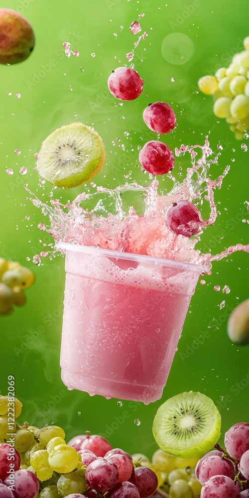 Poster Refreshing Fruit Splash Beverage with Grapes and Kiwi in Action