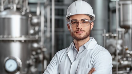young engineer with a white lab coat and safety helmet poses confidently in an industrial facility filled with machinery. bright environment suggests a busy and productive workday