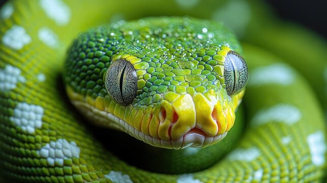 Close-up of a green tree python with a  yellow and red head, its eyes are focused on the camera.