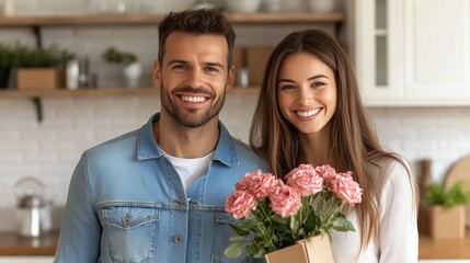 young couple stands together in a modern kitchen, smiling brightly