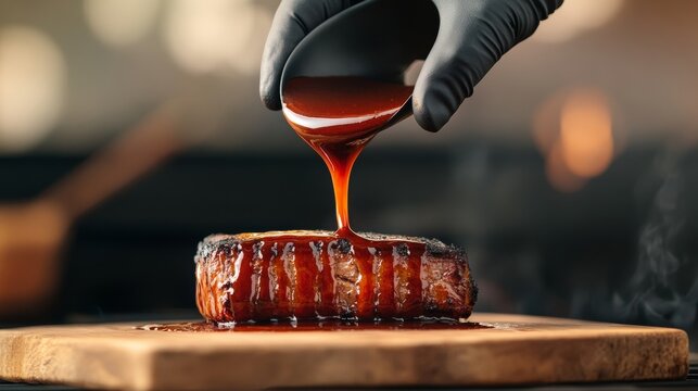 Artisanal BBQ Sauce Drizzle Glossy Glove-Poured Marinade Over Seared Steak on Rustic Board - Culinary Visual Content for Modern Grilling and Food Marketing