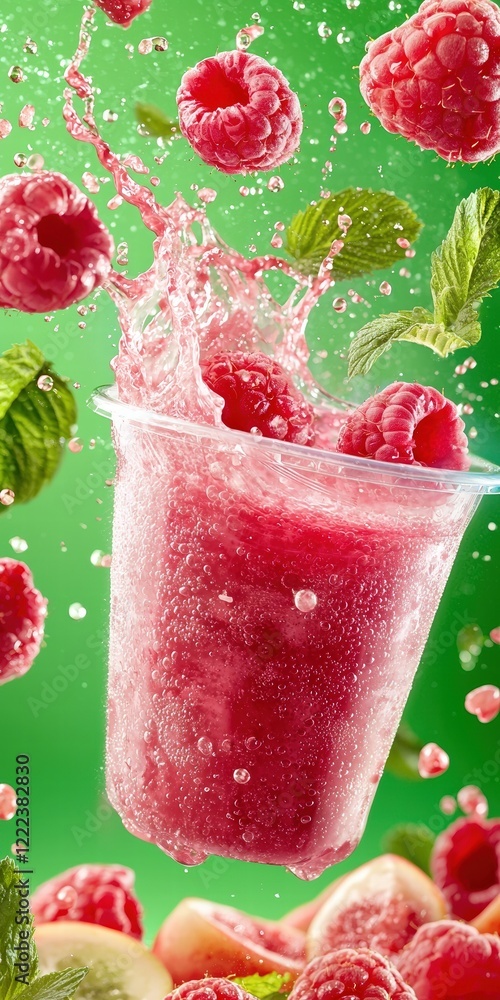 Poster refreshing raspberry drink splash with fresh ingredients and mint