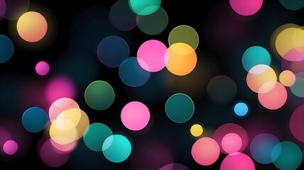 A vibrant multicolored bokeh effect with colorful circles in pink, yellow, green, and blue against a black background