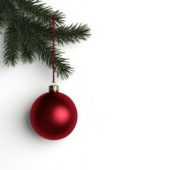 A vibrant red Christmas ornament hanging from a festive pine branch.