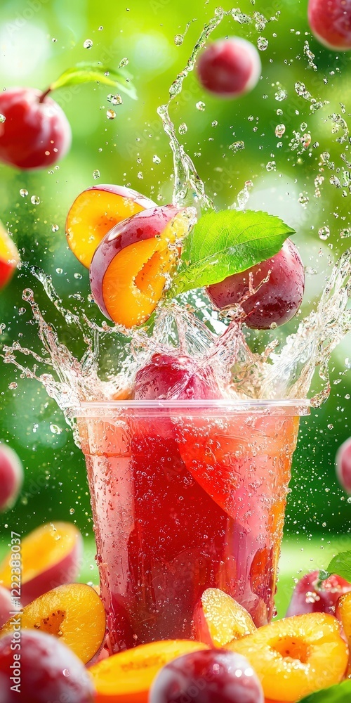 Poster refreshing juice splash with plums and apricots in bright background