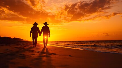 Fototapeta premium Romantic sunset stroll on beach with silhouetted couple holding hands