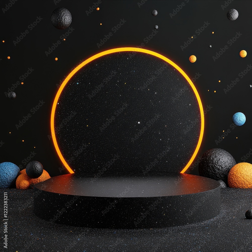 Poster abstract backdrop with glowing circle and colorful spheres in a dark environment.