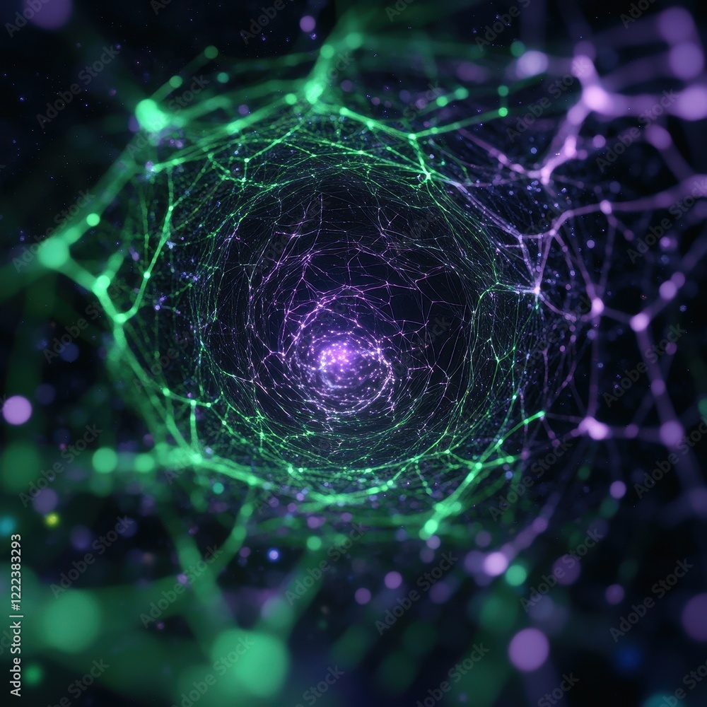 Poster abstract digital tunnel with glowing particles and intricate network design.