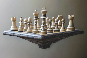 Chess pieces in a creative, floating display on a minimalist board