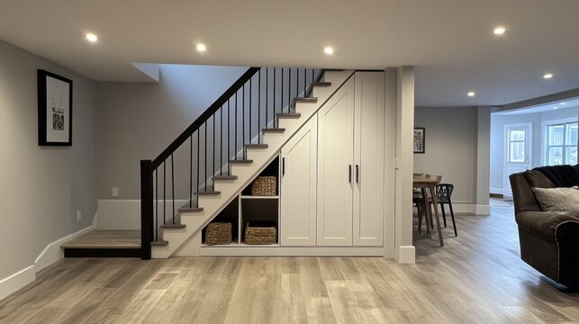 Basement Staircase with Built-in Storage: Modern Design