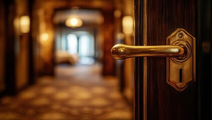 Obraz premium Golden Door Handle in a Luxurious Hotel Corridor