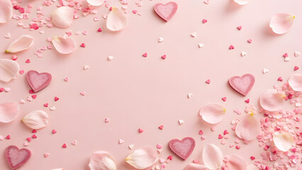 Fototapeta premium Light Pink Background with Hearts and Petals for a Fresh Design. Perfect for: Valentine's Day, romantic celebrations, baby showers