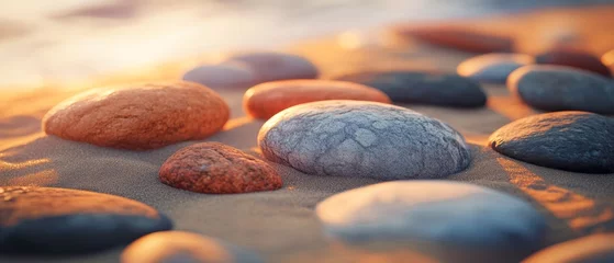 Photo sur Plexiglas Collection of smooth stones warmed by the golden glow of sunset on a sandy beach.