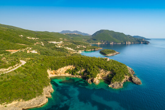 Greece, aerial view of coastal landscape of Syvota near Mega Drafi Beach