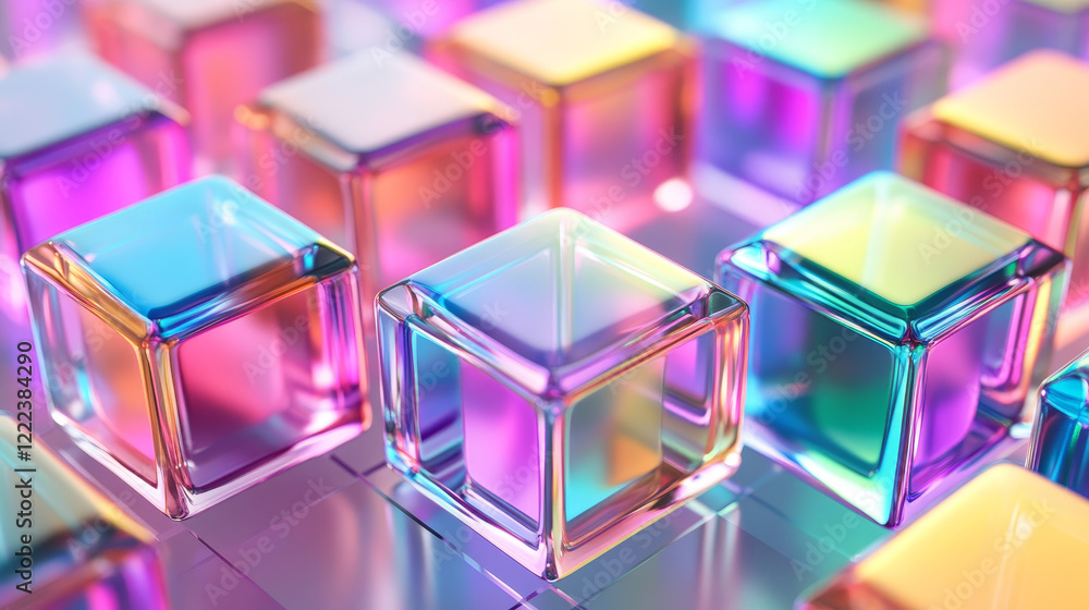 Poster realistic set of holographic 3d cubes isolated on transparent background. vector illustration of iri