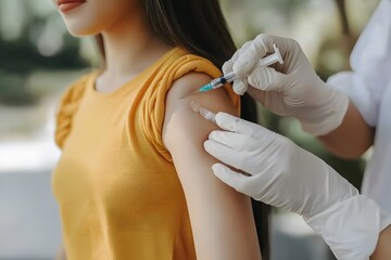 Healthcare worker administering vaccine to patient’s arm, vaccination and immunization concept