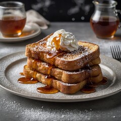 French toast topped with a pat of butter and drizzled with syrup sits on a white tabletop. Ample space is available for captioning. The image evokes warmth, comfort, and indulgence