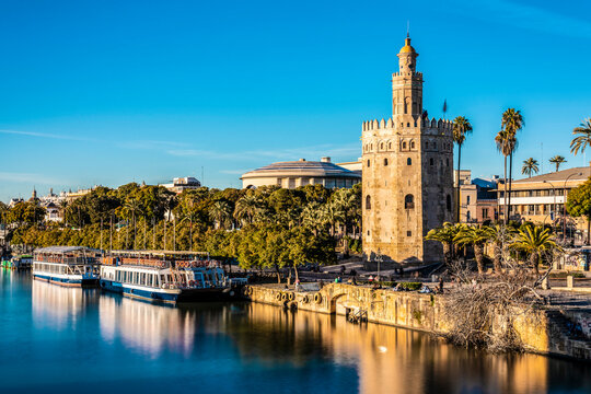 Long exposure of Torre del oro at Guadalquivir river, Seville, Spain
