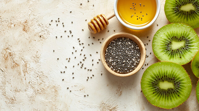 Healthy breakfast ingredients: kiwi, chia seeds, and honey.  Perfect for a nutritious start to your day!