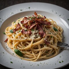 A classic spaghetti carbonara dish with creamy sauce, crispy bacon, and grated cheese, garnished with fresh basil, served in a rustic bowl Pasta with gricia in white plate at the restaurant