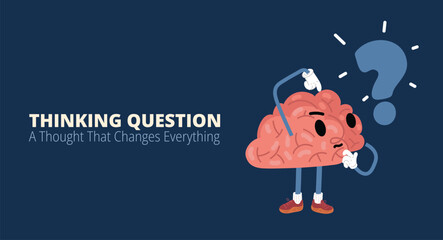 Cartoon vector illustration of a brain pondering with a question mark, symbolizing deep thought and curiosity