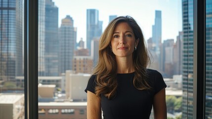 Fototapeta premium A businesswoman standing by a window in a modern office, looking out at the city skyline, projecting confidence and professionalism.