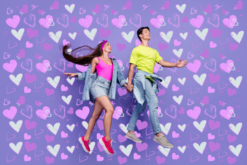 Profile photo of vintage romantic couple 80s jump hold hands wear pin-up outfit isolated purple color background