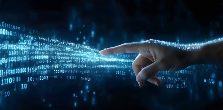 Hand interacting with digital binary code stream data technology and artificial intelligence concept - Powered by Adobe