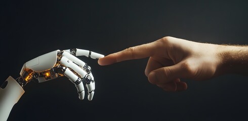 Human hand touching robotic hand, connection between humans and AI technology concept