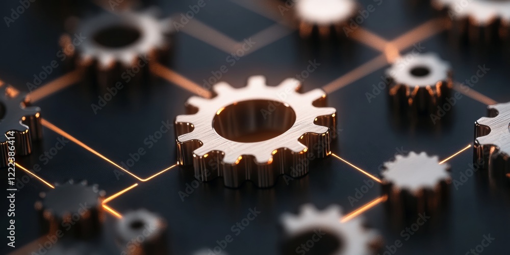 Fototapete contemporary industrial tech art metallic gear array on circuit board - streamlining automation and 
