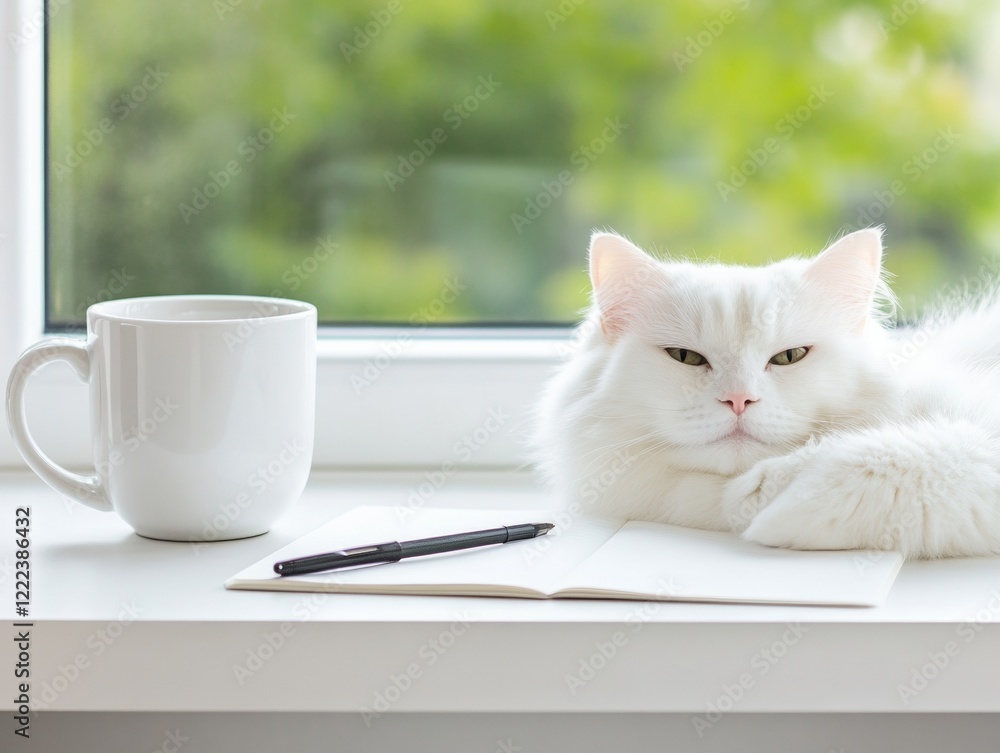 Aufkleber minimalist workspace inspiration a serene white desk with open notebook, ceramic mug and greenery - 