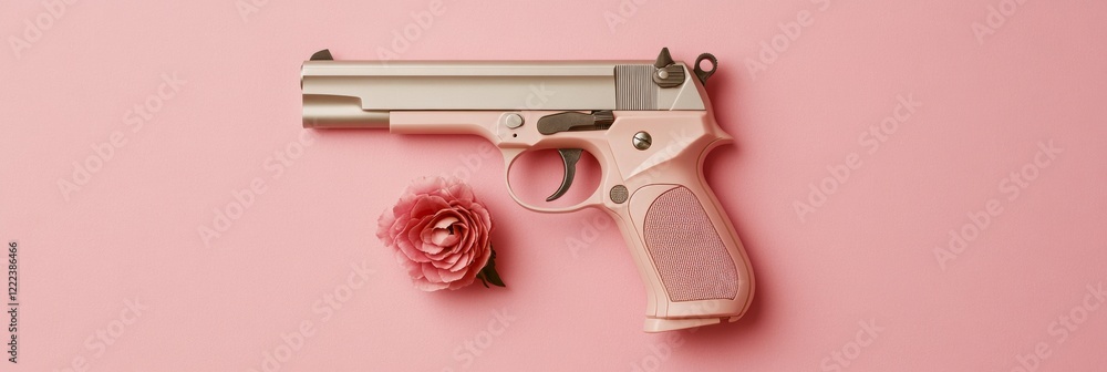 Poster pastel precision blush-tone firearm component showcase on soft canvas - trendy industrial design for