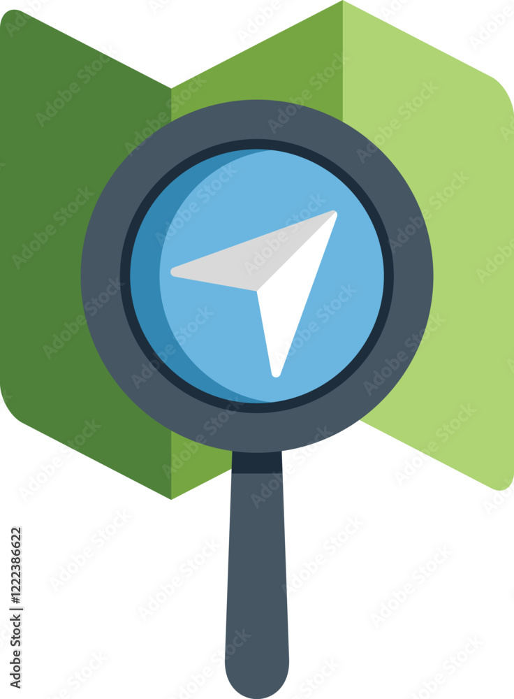 Poster magnifying glass is examining a location pin on a folded map, representing the concept of searching 