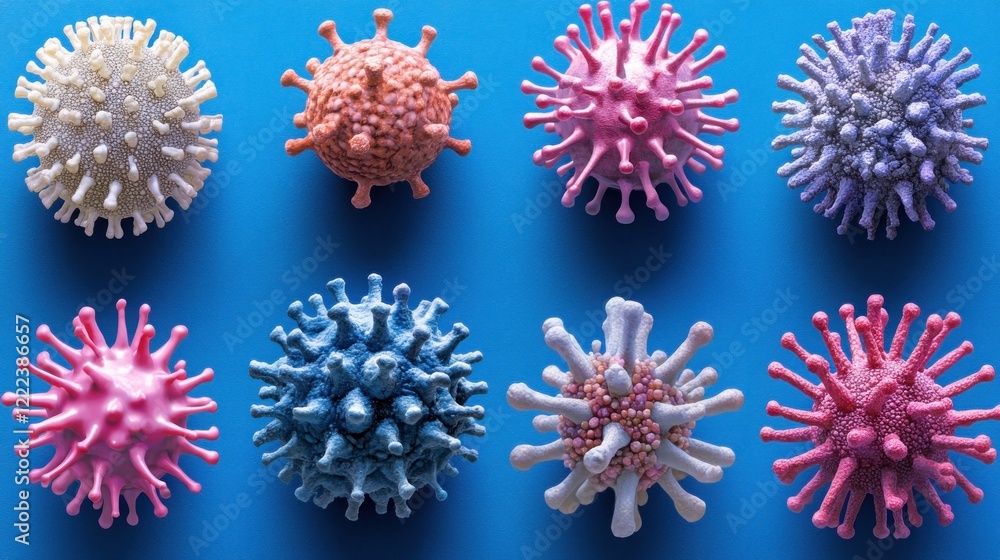 Poster different colorful virus models are displayed in a grid layout on a bright blue surface