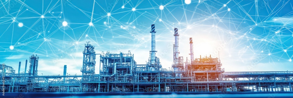 Poster modern industrial complex featuring interconnected structures and digital network overlays during du