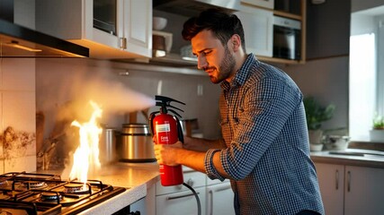 A man urgently uses a fire extinguisher as flames erupt from the stove while he is cooking in a modern kitchen