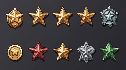 Obraz premium Military game rank icon vector set. Ui military badge medal. Gold, silver and bronze isolated medal award with stars for level achievement. Progress in fantasy app for rating army experience.