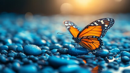 Obraz premium Serene Monarch Butterfly on Dewy Pebbles