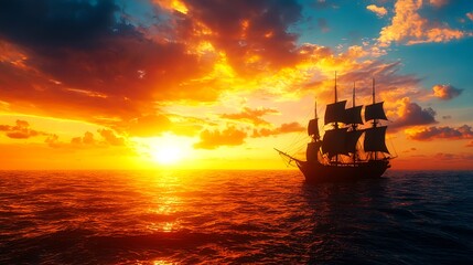 Naklejka premium Majestic Ship Silhouette Against Vibrant Sunset Over Calm Ocean