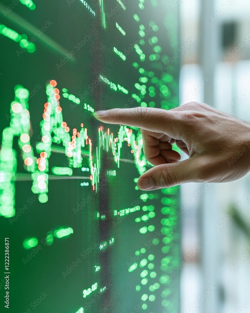 Fototapete Dynamic Financial Analysis Hand Interacting with Digital Stock Market Display - Cutting-Edge Tech for Business Innovation and Real-Time Investment Strategies