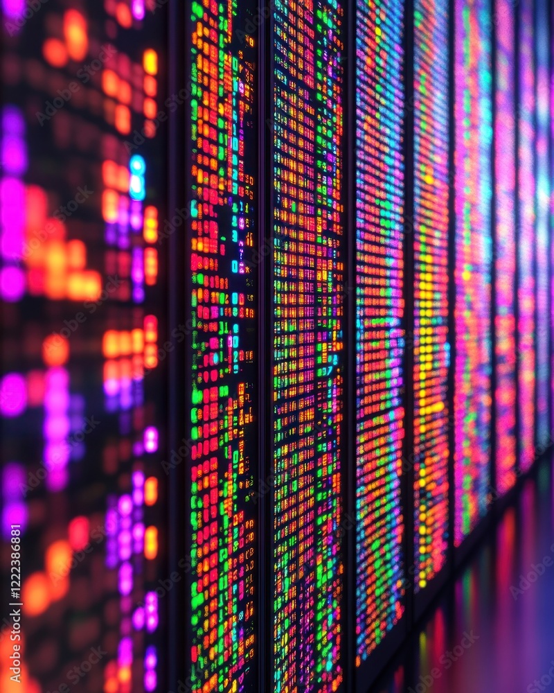 Aufkleber bright lights illuminate a wall of colorful data streams in a high tech space during evening hours