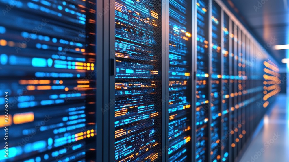 Poster rows of advanced servers with glowing lights line the walls in a cutting edge data center