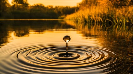 Golden Hour Water Drop Ripples on Calm Lake