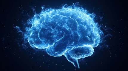Obraz premium A bright blue brain image symbolizes mental functions and activity in a dark background