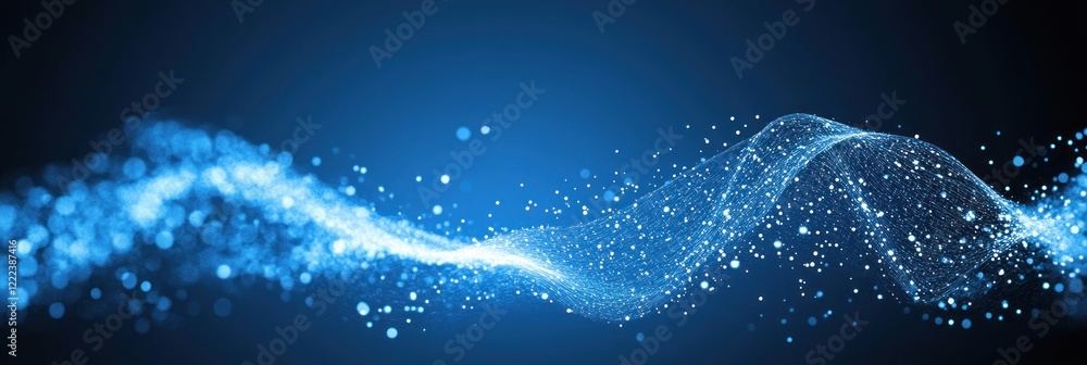 Poster blue particles appear to dance in a wave pattern, creating a sense of movement and depth