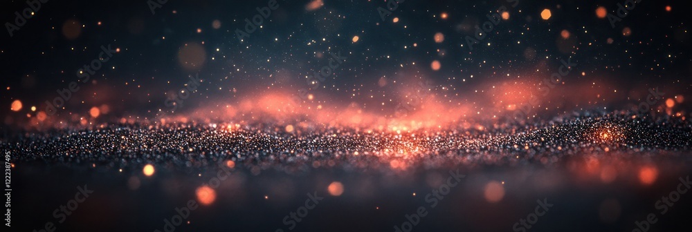 Poster suspended particles float in darkness, creating a mesmerizing display of colors and light