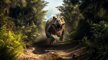 Naklejka premium T-Rex Roaring with sharp teeth and running fast straight to the camera on a Pathway in the middle of a Forest with trees and ferns with a cloudy blue sky