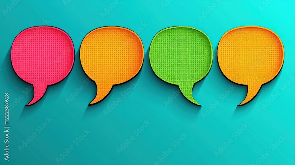 Poster four vibrant speech bubbles of different colors displayed on a teal background for communication ide
