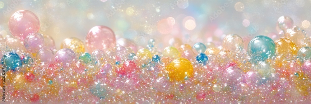 Poster bubbles of various colors float gracefully, creating a joyful and enchanting ambiance during festivi